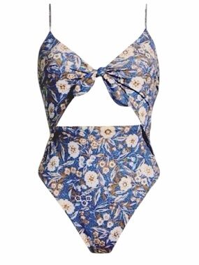 Veronica Beard Aniston Dark Blue and Beige Cutout One-piece Swimsuit